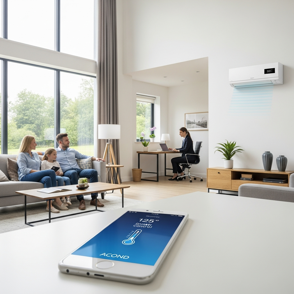Technician installing multi-split and split system air conditioners in an Irish commercial building for efficient climate control.