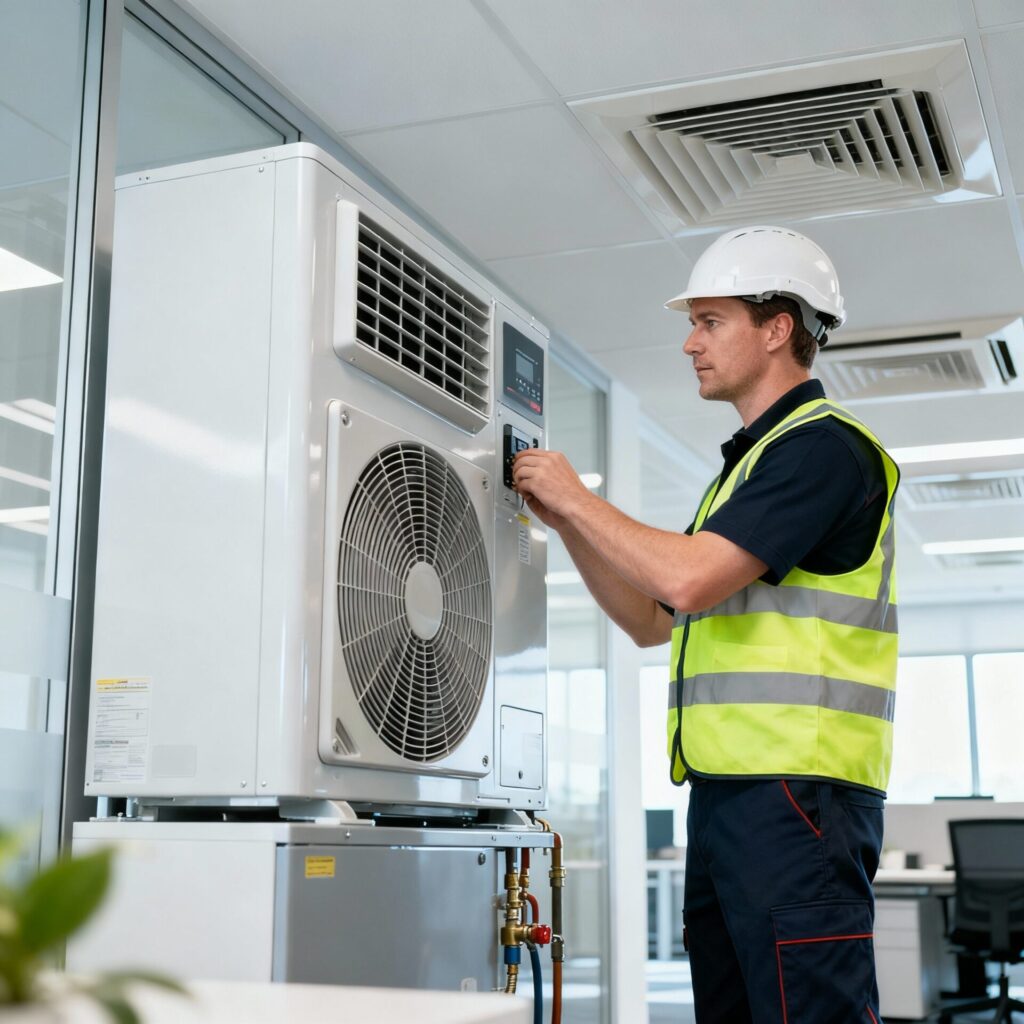 ACOND technician installing and maintaining a heat pump system in Ireland for efficient home and commercial heating.