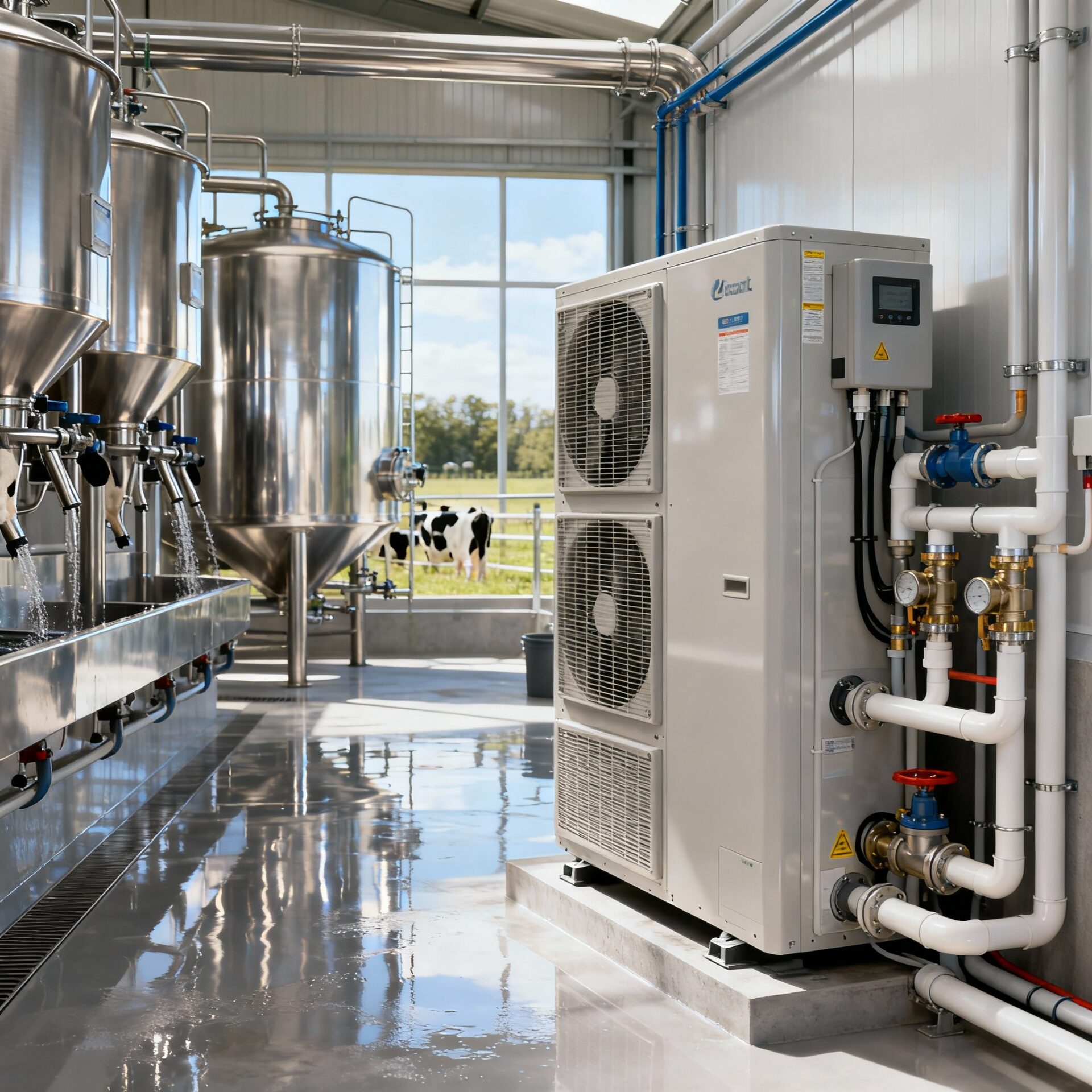 Commercial heat pump hot water system on a dairy farm in Ireland, supplying hot water for cleaning and milking equipment efficiently.