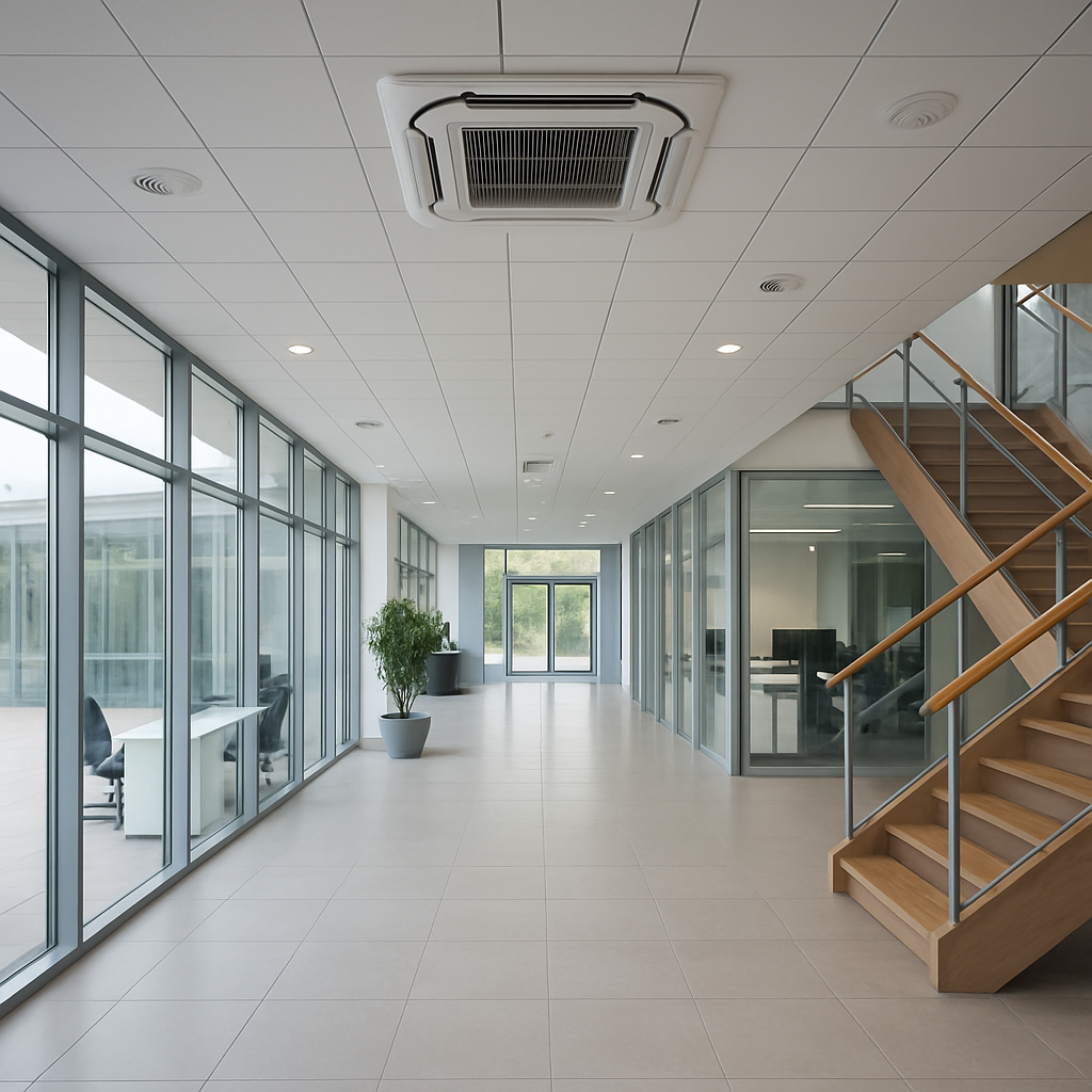 Technician installing a multi-split air conditioner in an Irish commercial space for efficient cooling and heating.