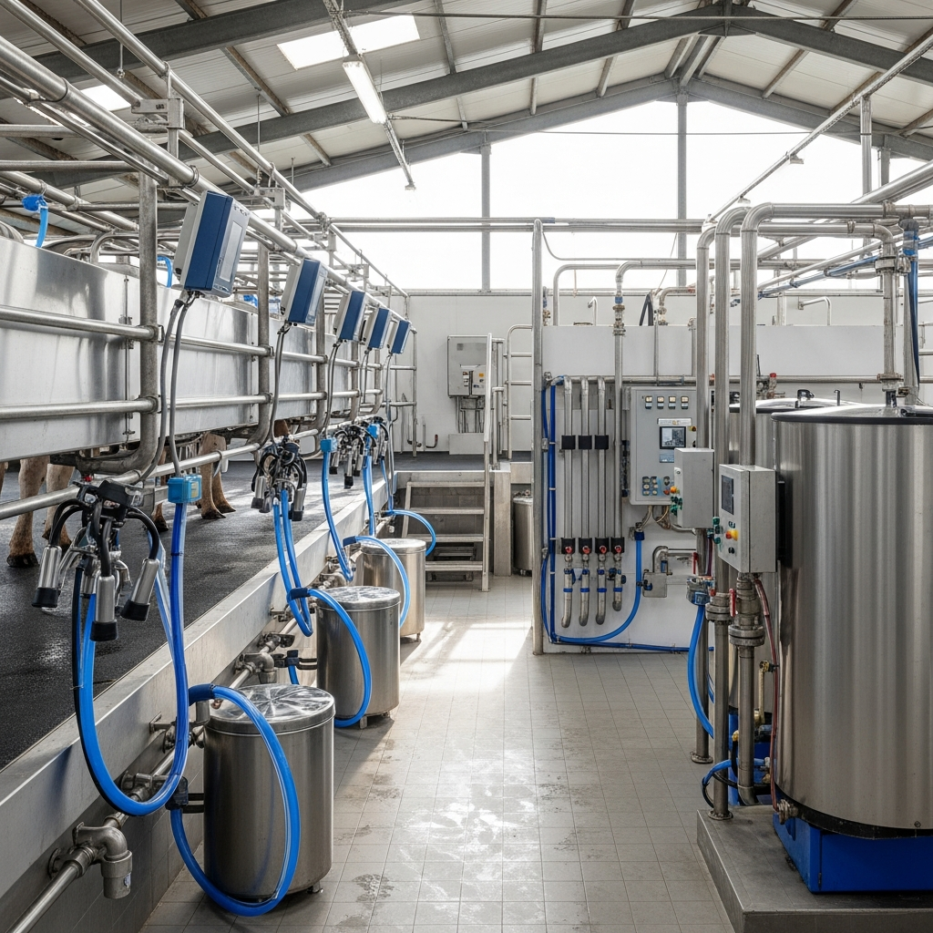 Industrial heat pump hot water system installed on a dairy farm in Ireland, providing consistent and energy-efficient hot water.